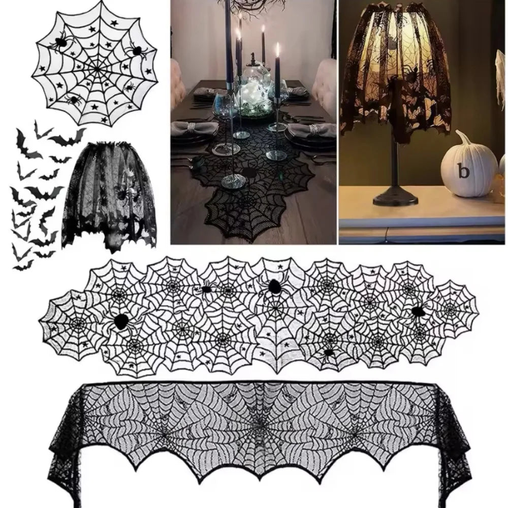 Halloween Black Lace Spider Web Tablecloth & Table Runner Set
