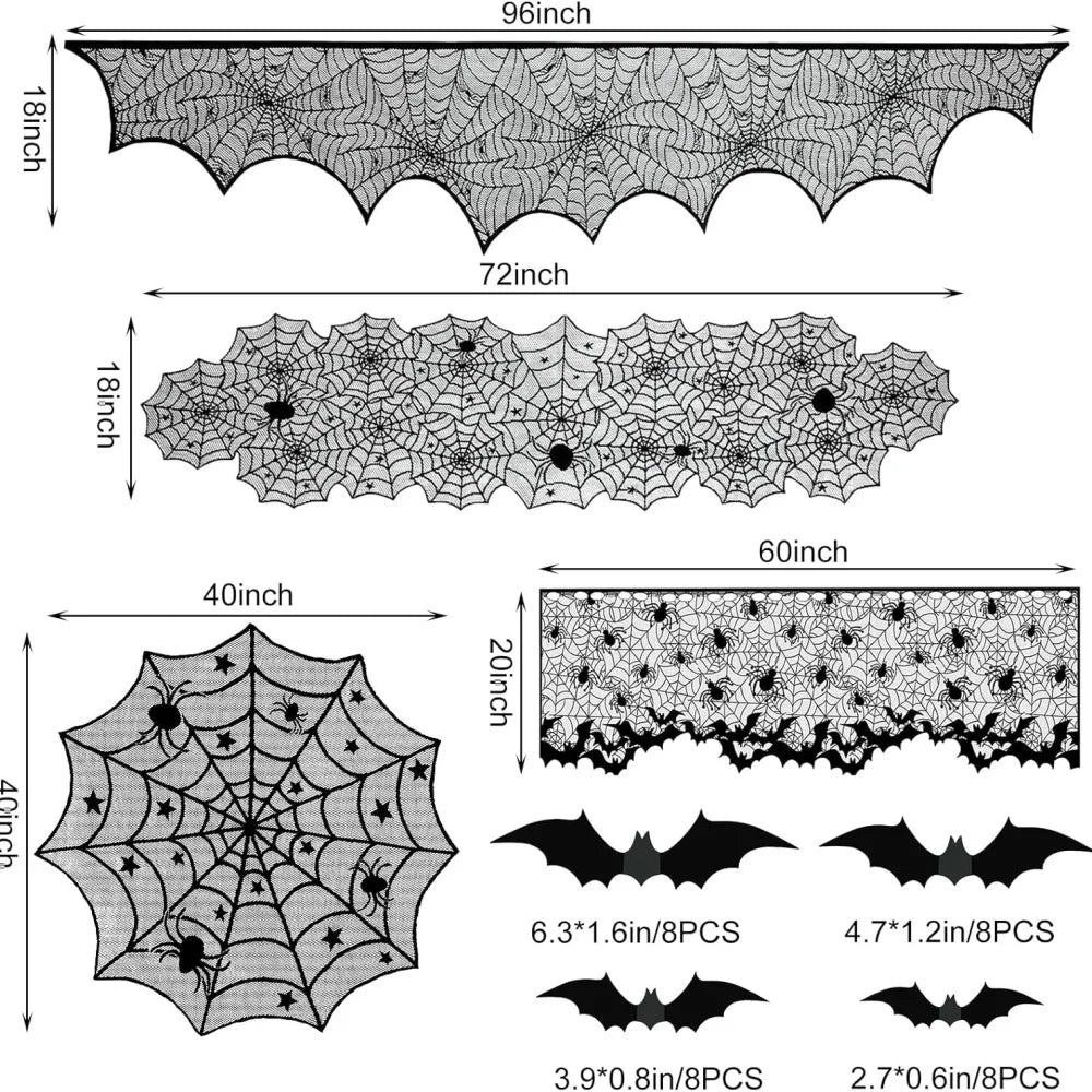 Halloween Black Lace Spider Web Tablecloth & Table Runner Set