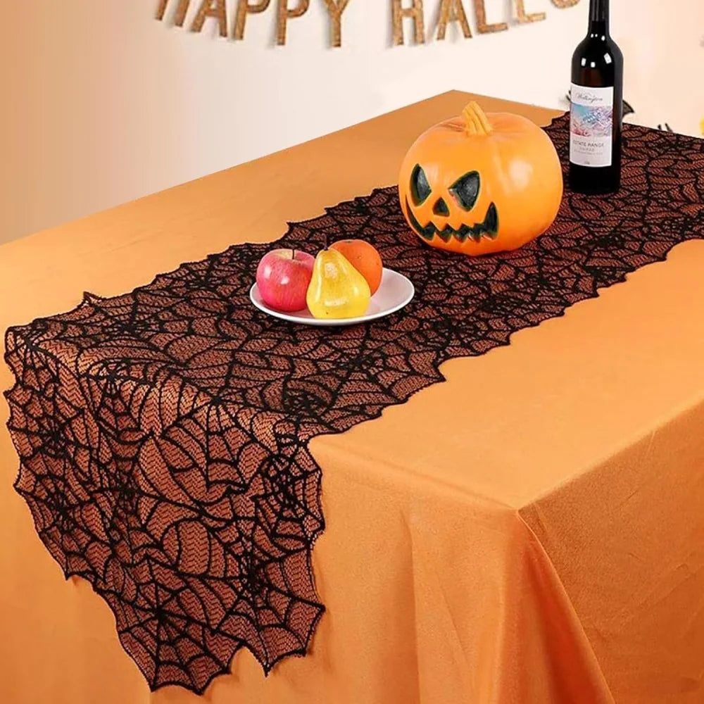 Halloween Black Lace Spider Web Tablecloth & Table Runner Set