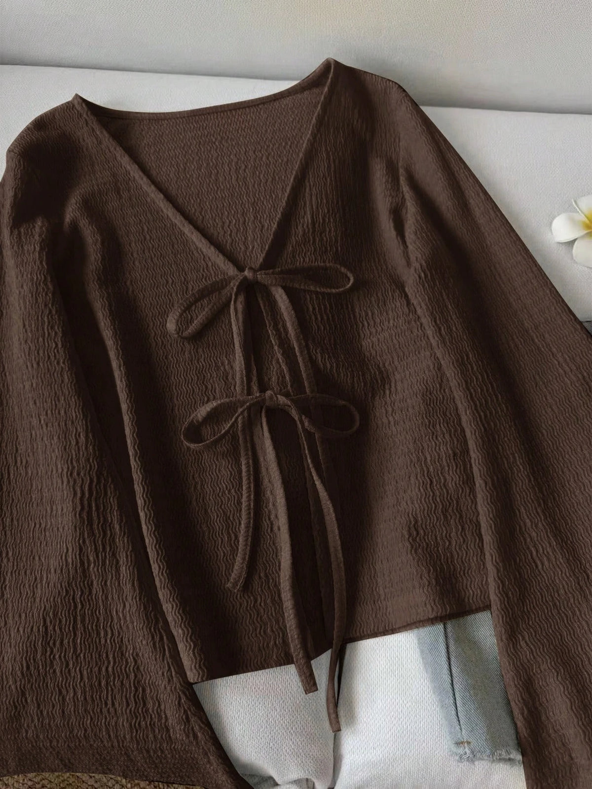 Women's Tie-Front Flare Sleeve Blouse – V-Neck Knit Cottagecore Top