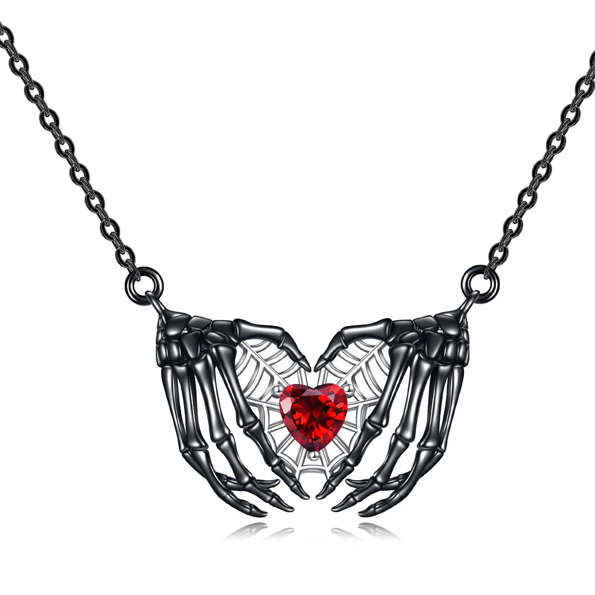 Gothic Punk Bat Wings & Heart Resin Pendant Necklace — Dark Fantasy Rhinestone Jewellery for Women