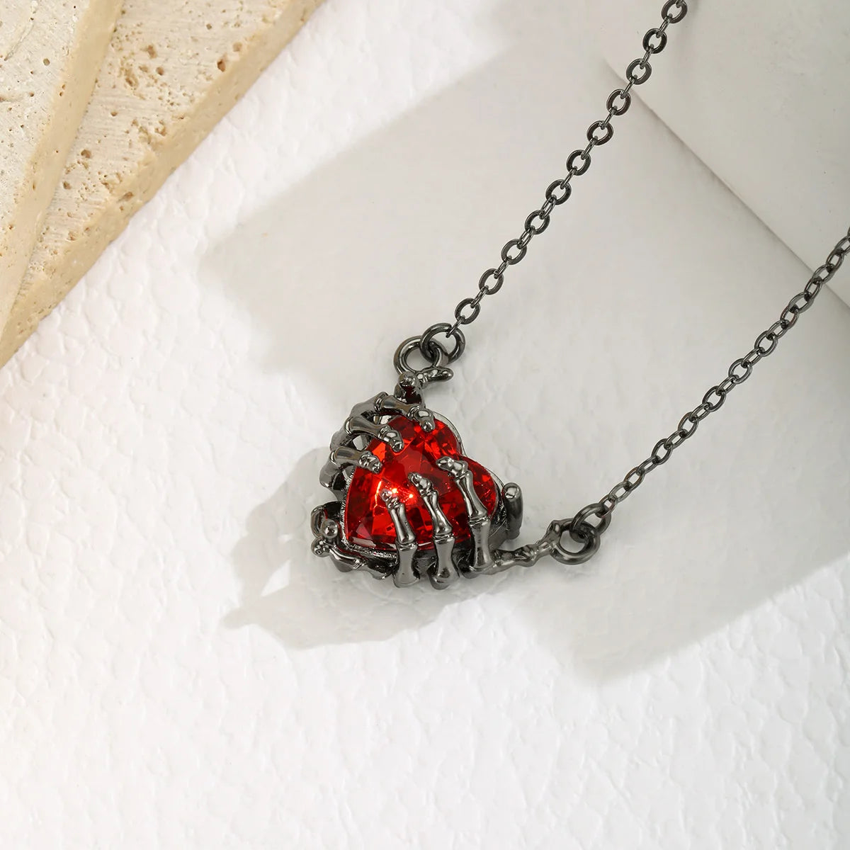 Gothic Punk Bat Wings & Heart Resin Pendant Necklace — Dark Fantasy Rhinestone Jewellery for Women