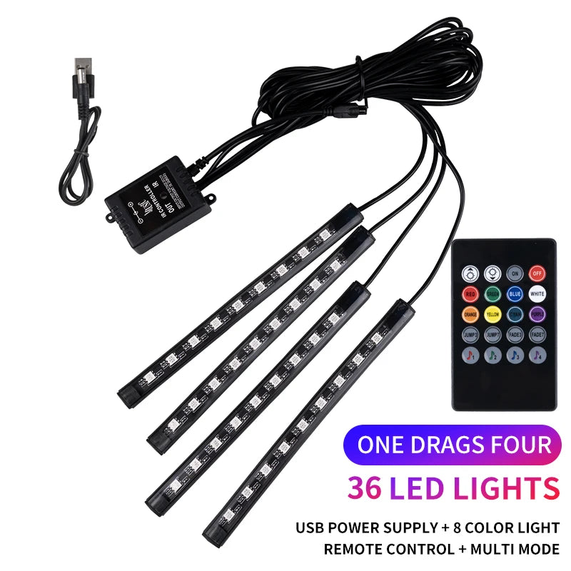 RGB Car Interior Ambient Foot Strip Lights – App & Remote Control LED Kit