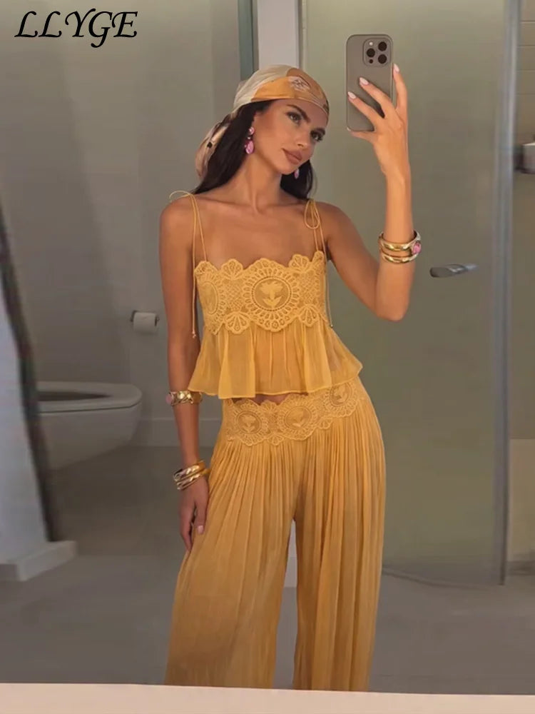 Women's Lace Hollow Out 2-Piece Set – Spaghetti Strap Crop Top & Harem Pants