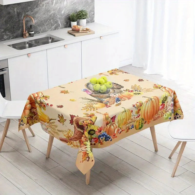 Thanksgiving Turkey & Pumpkin Tablecloth – Fall Harvest Dining Table Cover