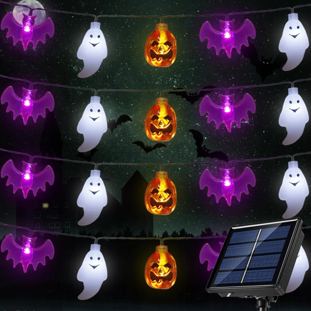 Halloween Solar String Lights — Bat, Pumpkin & Ghost LED Decor