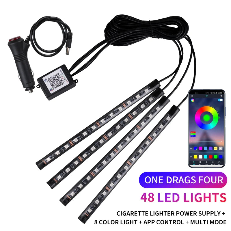 RGB Car Interior Ambient Foot Strip Lights – App & Remote Control LED Kit