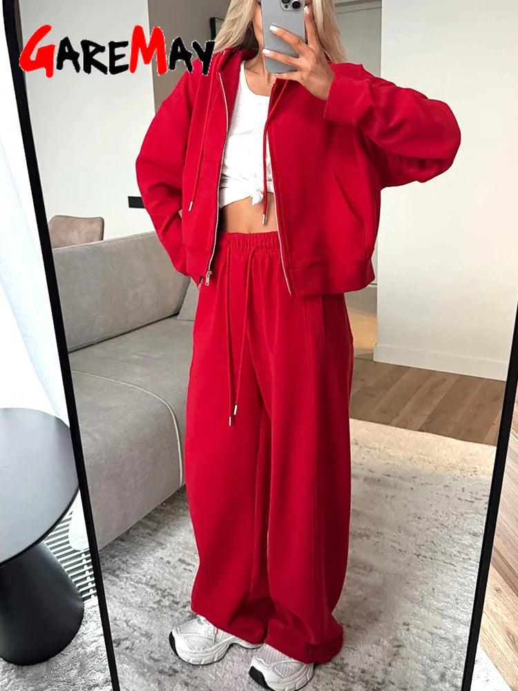Women's Hooded Zip Tracksuit – Cotton 2-Piece Set with Wide-Leg Pants