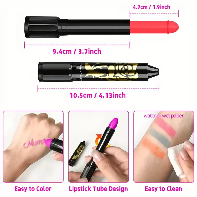 VERONNI UV Neon Glow Face Paint Crayon Sticks — Blacklight Body Paint for Halloween, Mardi Gras & Parties