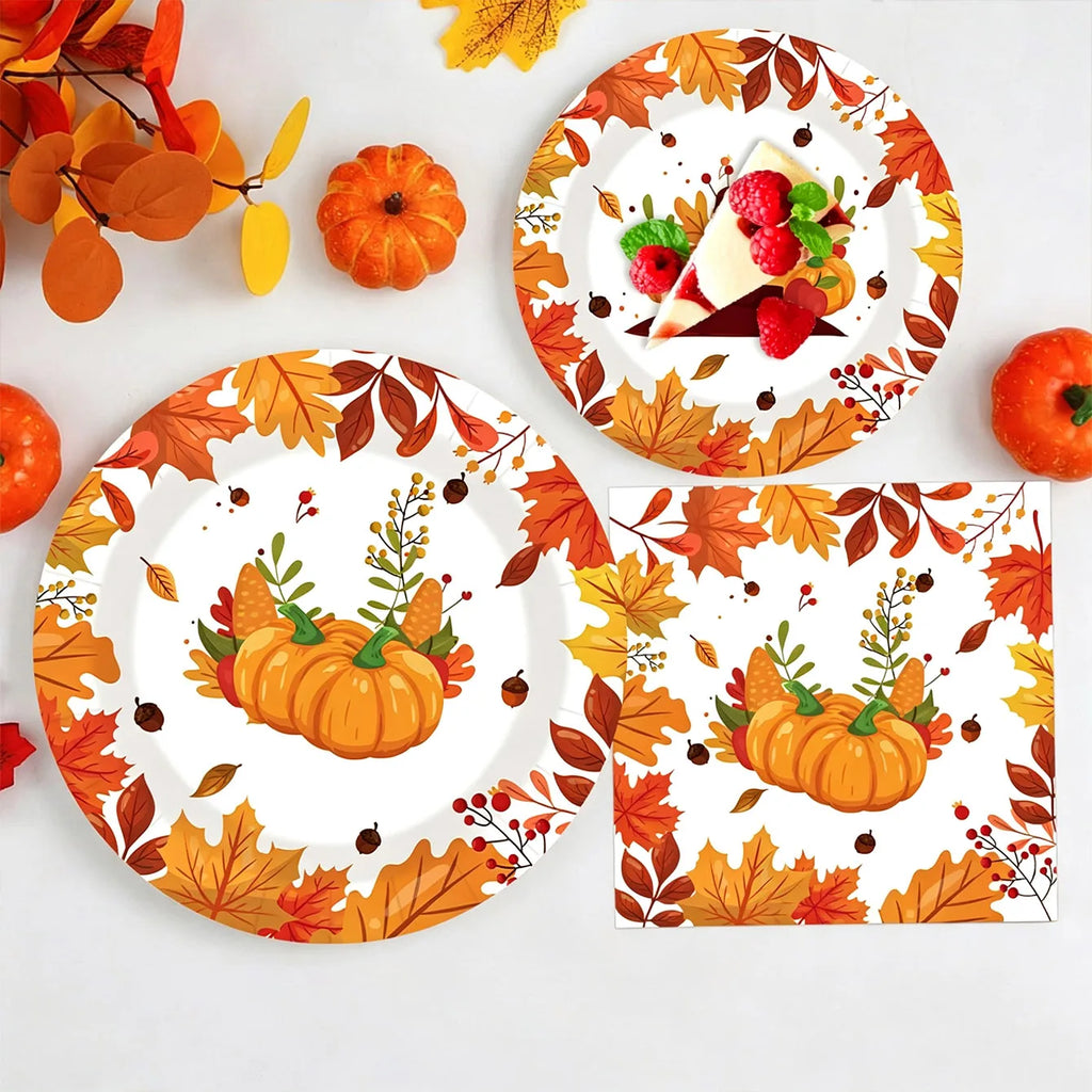 Autumn Maple Leaf & Pumpkin Thanksgiving Paper Tableware – Plates, Cups & Napkins