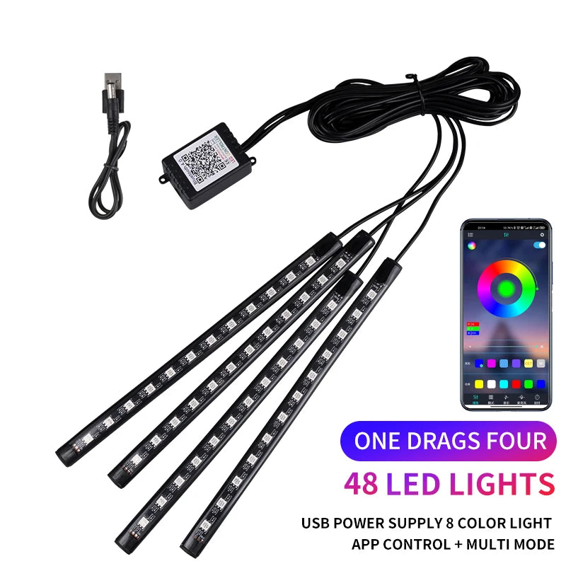 RGB Car Interior Ambient Foot Strip Lights – App & Remote Control LED Kit