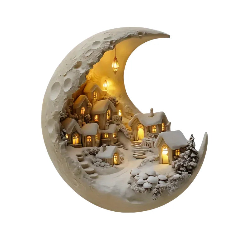 Crescent Moon Christmas Village Sculpture – Glowing Holiday Desktop Decor