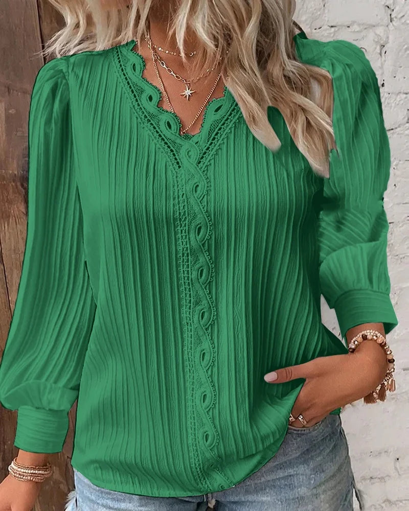 Women's Hollow Lace Patchwork Blouse – Elegant V-Neck Long Sleeve Top