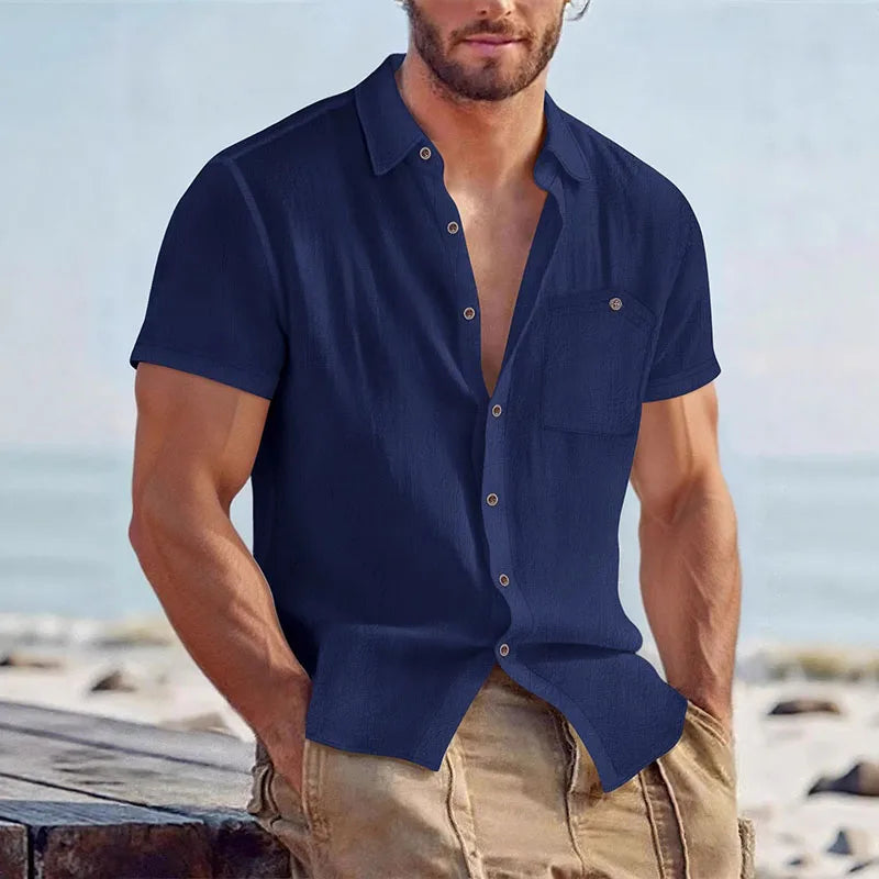 Men's Linen Blend Short Sleeve Button Down Shirt