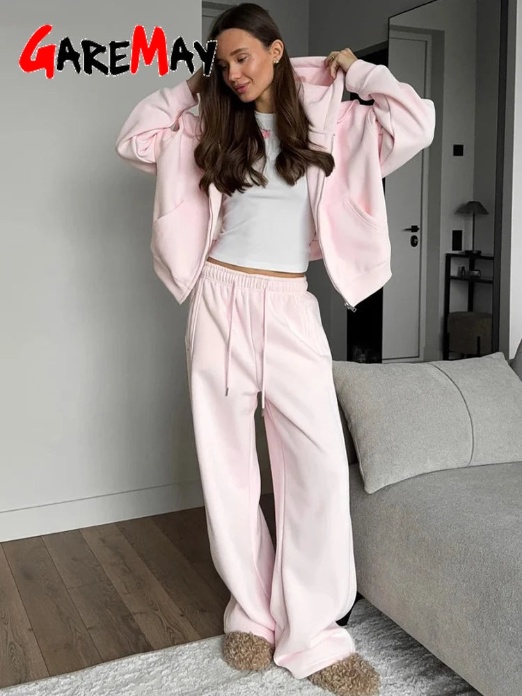 Women's Hooded Zip Tracksuit – Cotton 2-Piece Set with Wide-Leg Pants