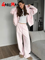 Women's Hooded Zip Tracksuit – Cotton 2-Piece Set with Wide-Leg Pants