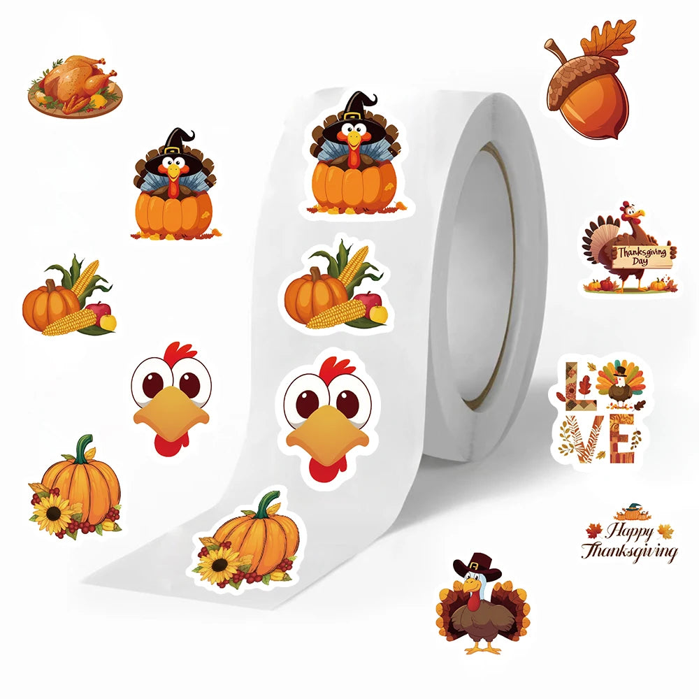 500-Piece Thanksgiving Sticker Roll – Turkey, Pumpkin & Fall Harvest