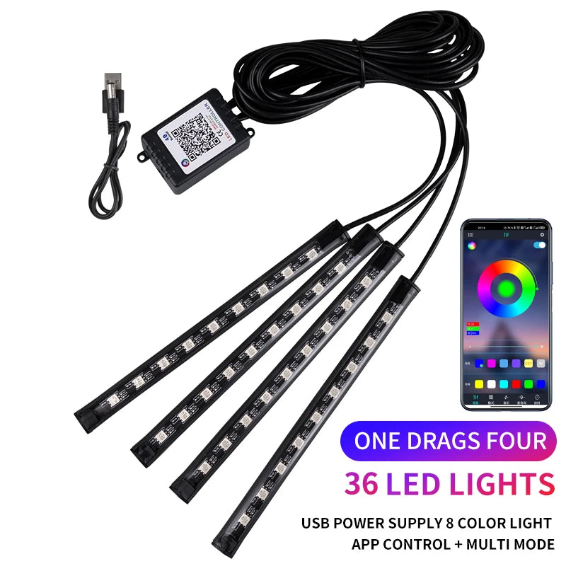RGB Car Interior Ambient Foot Strip Lights – App & Remote Control LED Kit