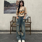 American Retro High-Waist Wide-Leg Hole-Punched Jeans for Women