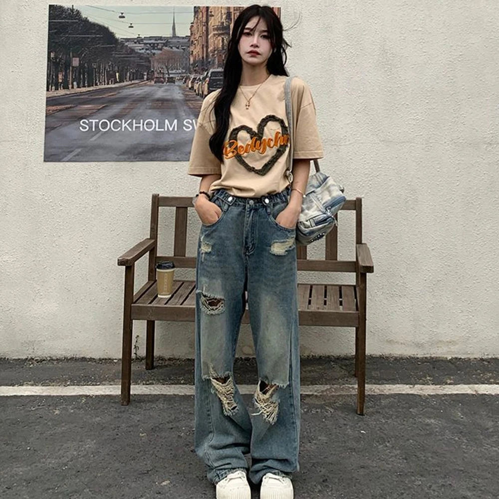 American Retro High-Waist Wide-Leg Hole-Punched Jeans for Women