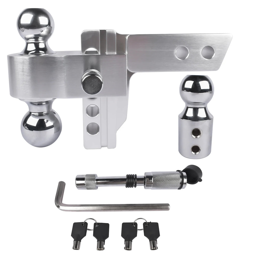 2" Receiver 4" Drop/Rise Adjustable Tri-Ball Trailer Hitch – 12,500 LBS, Aluminum with Stainless Locks