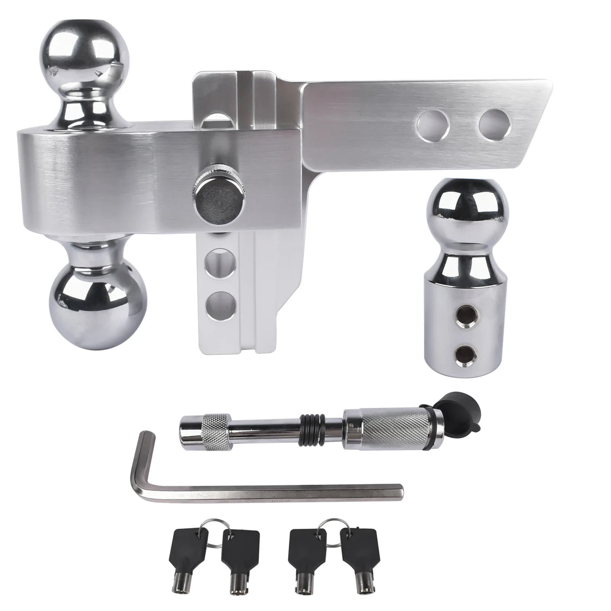2" Receiver 4" Drop/Rise Adjustable Tri-Ball Trailer Hitch – 12,500 LBS, Aluminum with Stainless Locks
