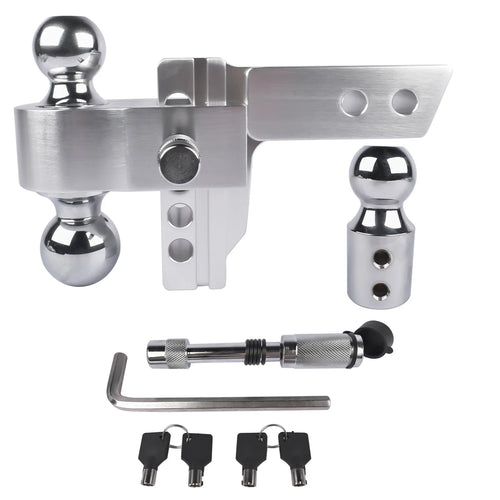 2" Receiver 4" Drop/Rise Adjustable Tri-Ball Trailer Hitch – 12,500 LBS, Aluminum with Stainless Locks