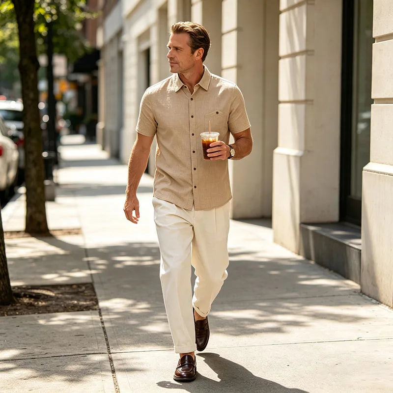 Men's Linen Blend Short Sleeve Button Down Shirt