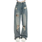 American Retro High-Waist Wide-Leg Hole-Punched Jeans for Women