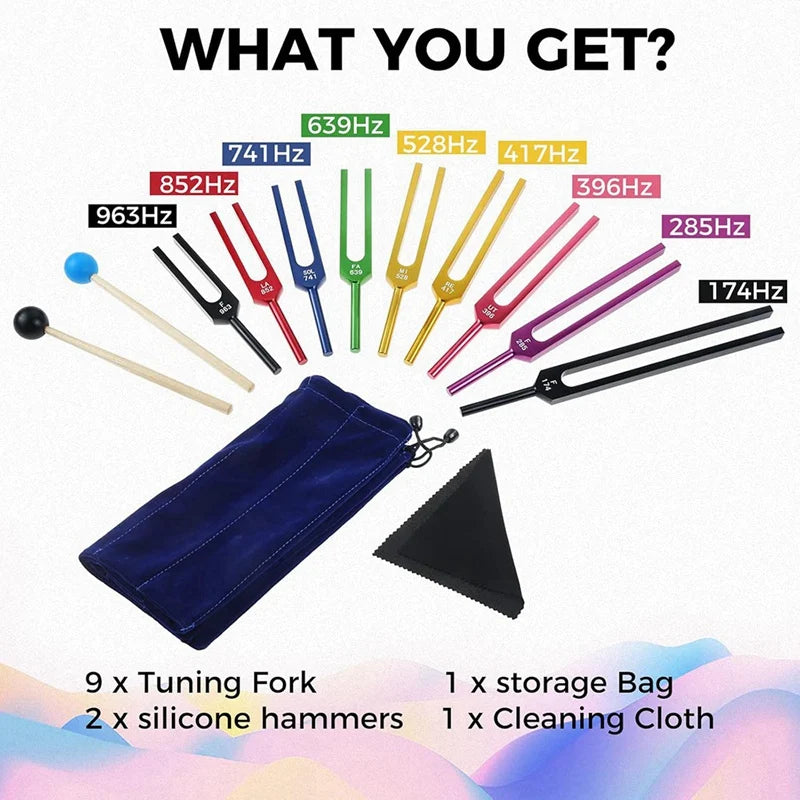 9-Piece Color Tuning Fork Set for Sound Healing & Chakra Therapy