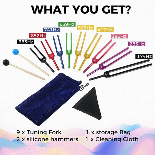 9-Piece Color Tuning Fork Set for Sound Healing & Chakra Therapy