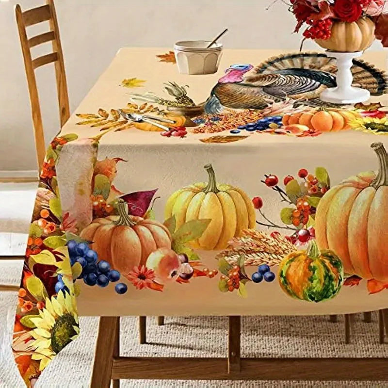 Thanksgiving Turkey & Pumpkin Tablecloth – Fall Harvest Dining Table Cover