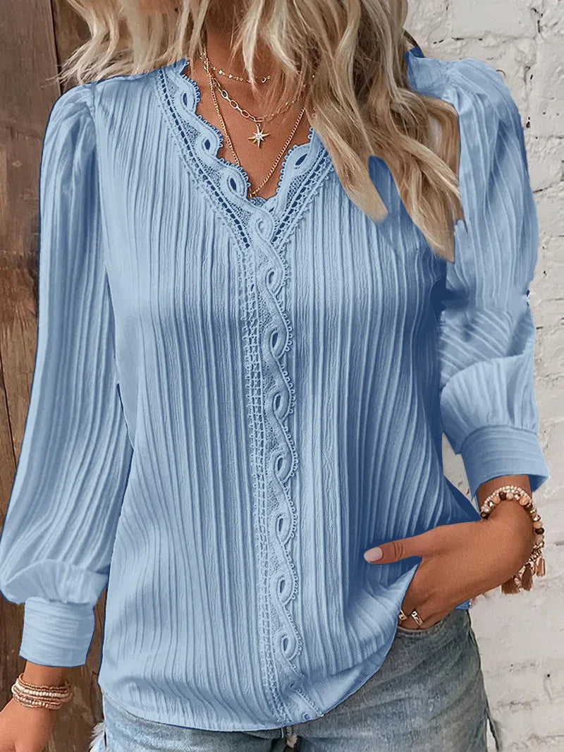 Women's Hollow Lace Patchwork Blouse – Elegant V-Neck Long Sleeve Top
