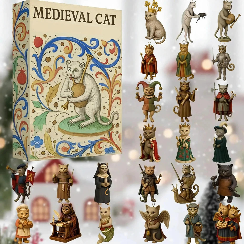 Medieval Cat Christmas Advent Calendar – 24-Day Countdown Ornament Set with Flat Acrylic Cat Characters