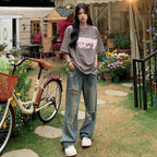 American Retro High-Waist Wide-Leg Hole-Punched Jeans for Women