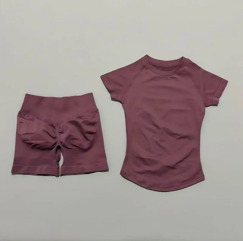 Histello 2-Piece Seamless Yoga Set – Short Sleeve & Shorts