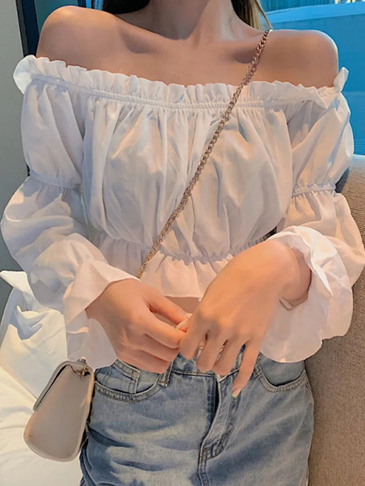 Women's Off-Shoulder Puff Sleeve Blouse – Ruffle Crop Top in Black & White