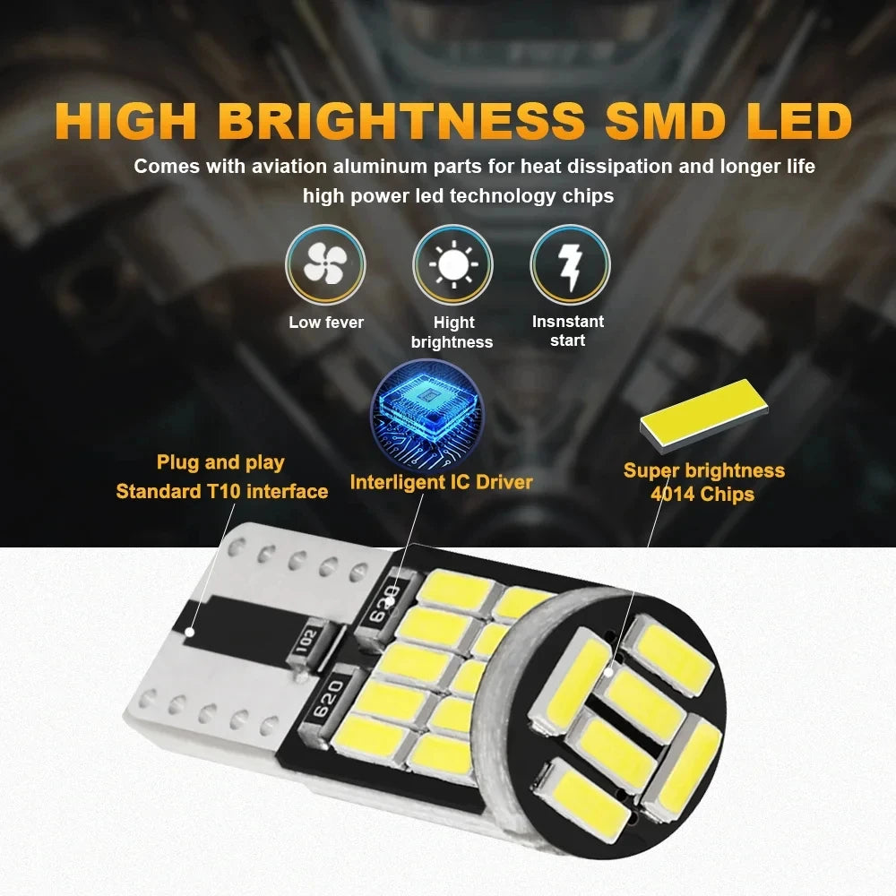 T10 W5W CANBUS LED Bulbs – 6000K White Interior & License Plate Lights (10-Pack)