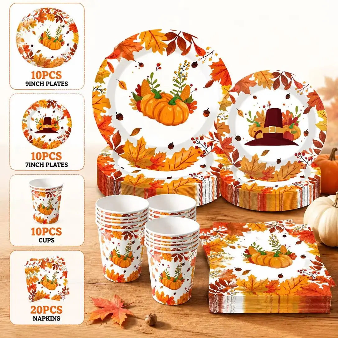 Autumn Maple Leaf & Pumpkin Thanksgiving Paper Tableware – Plates, Cups & Napkins