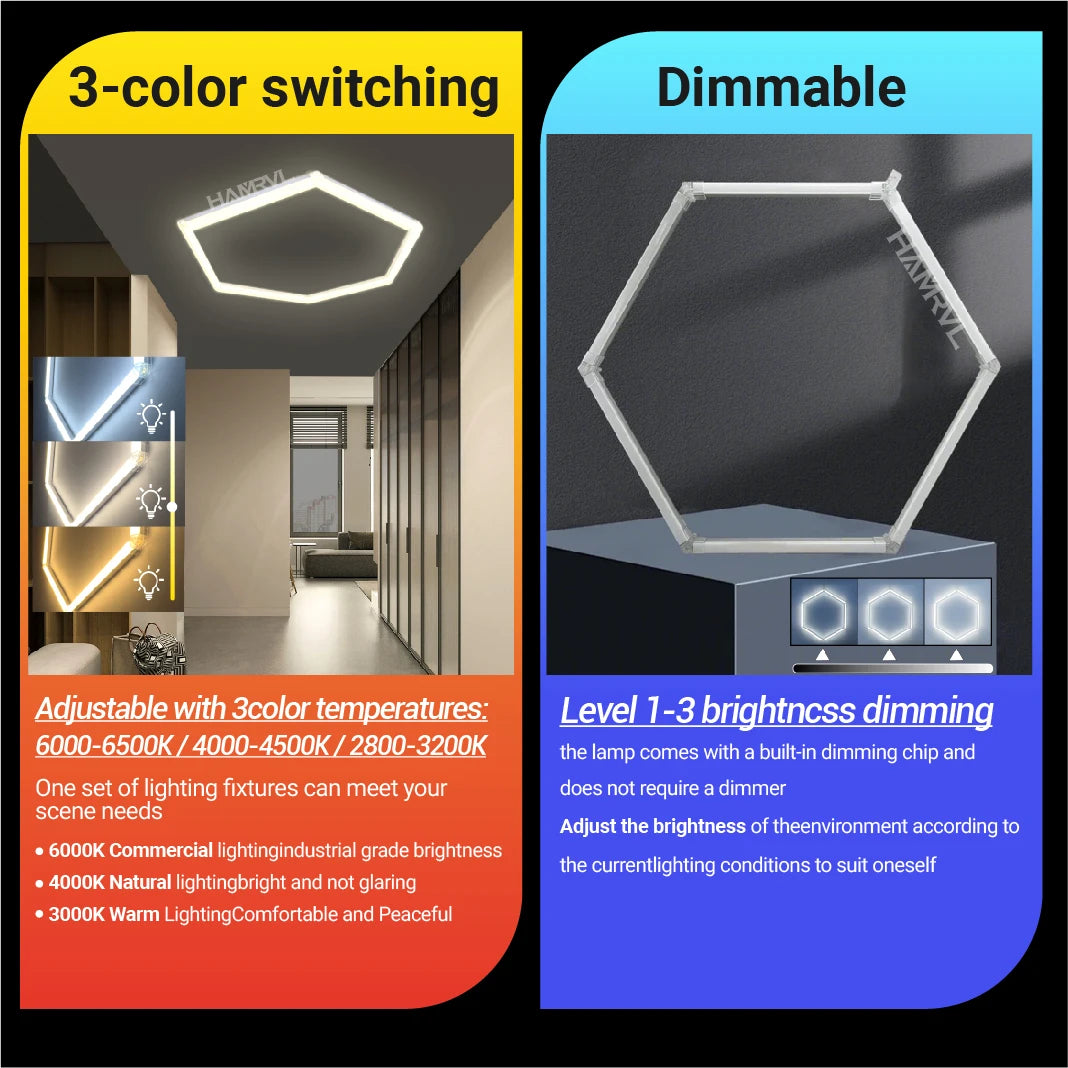Dimmable Hexagon LED Ceiling Lights – RGB & Multi-Color, Garage/Gym/Gaming