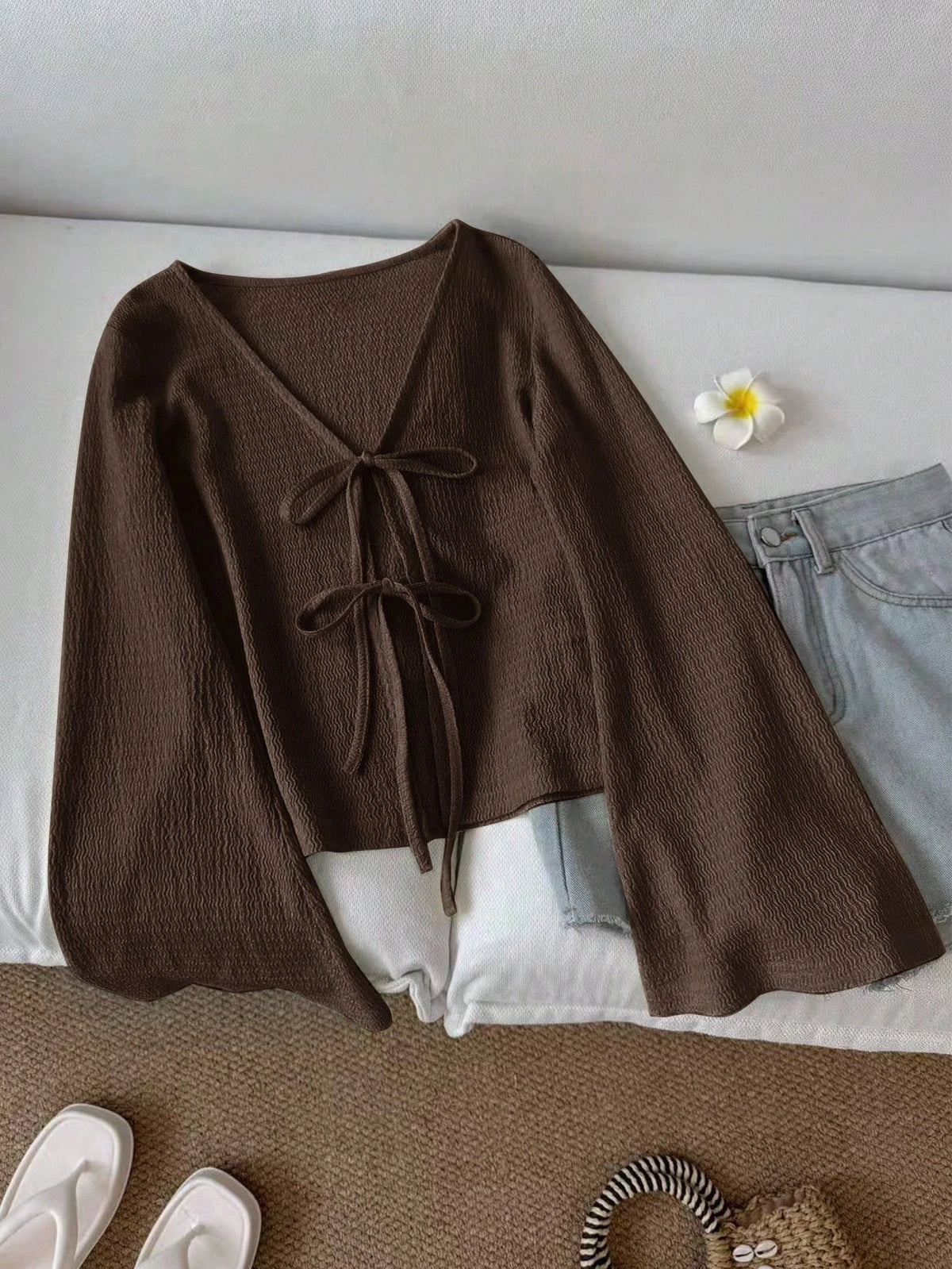 Women's Tie-Front Flare Sleeve Blouse – V-Neck Knit Cottagecore Top