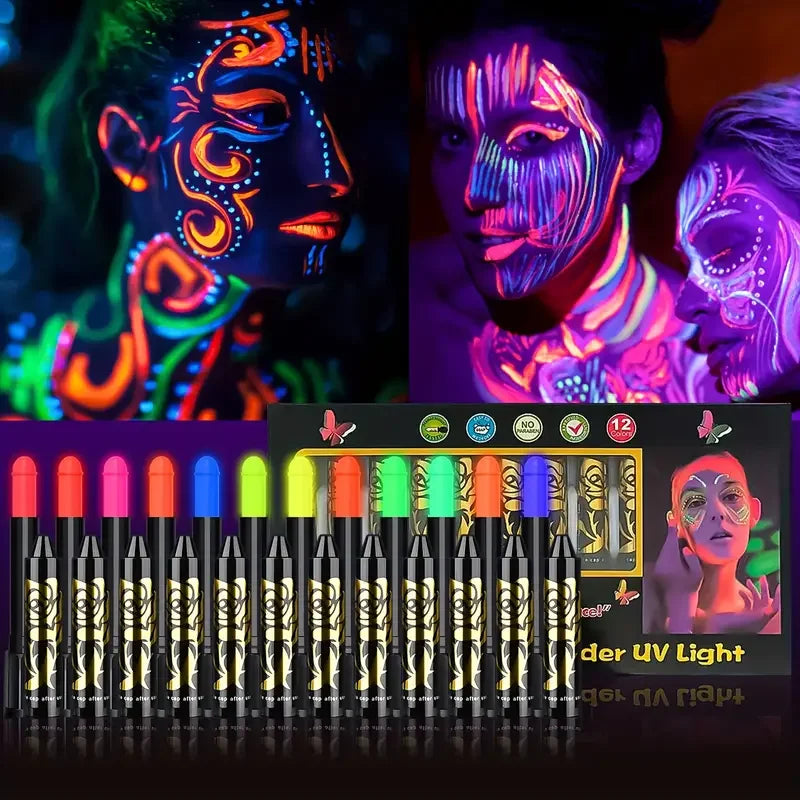 VERONNI UV Neon Glow Face Paint Crayon Sticks — Blacklight Body Paint for Halloween, Mardi Gras & Parties