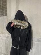 Women's Y2K Graphic Hoodie – Harajuku Faux Fur Collar Pullover in Black & Gray