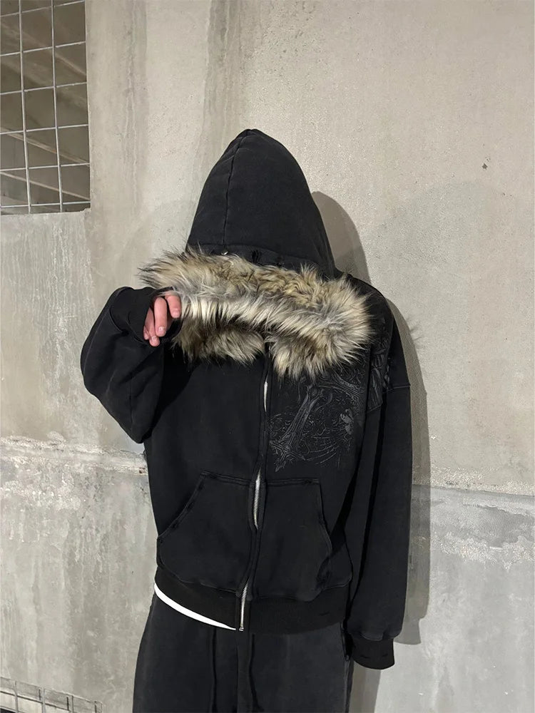 Women's Y2K Graphic Hoodie – Harajuku Faux Fur Collar Pullover in Black & Gray