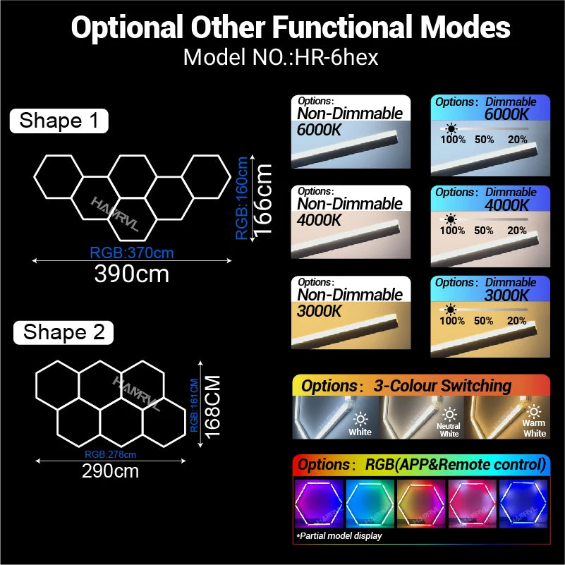 Dimmable Hexagon LED Ceiling Lights – RGB & Multi-Color, Garage/Gym/Gaming