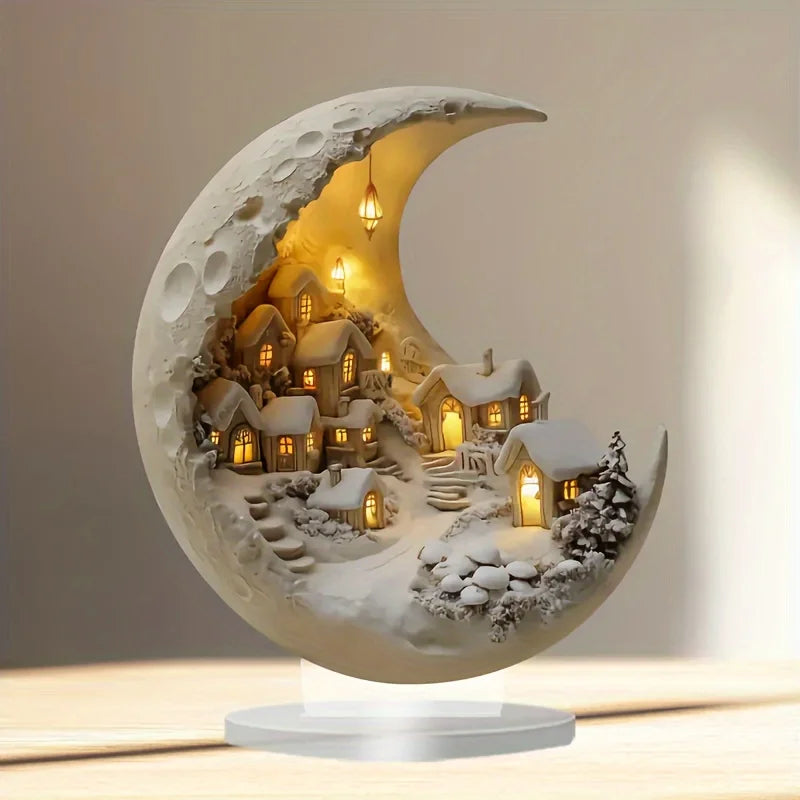 Crescent Moon Christmas Village Sculpture – Glowing Holiday Desktop Decor