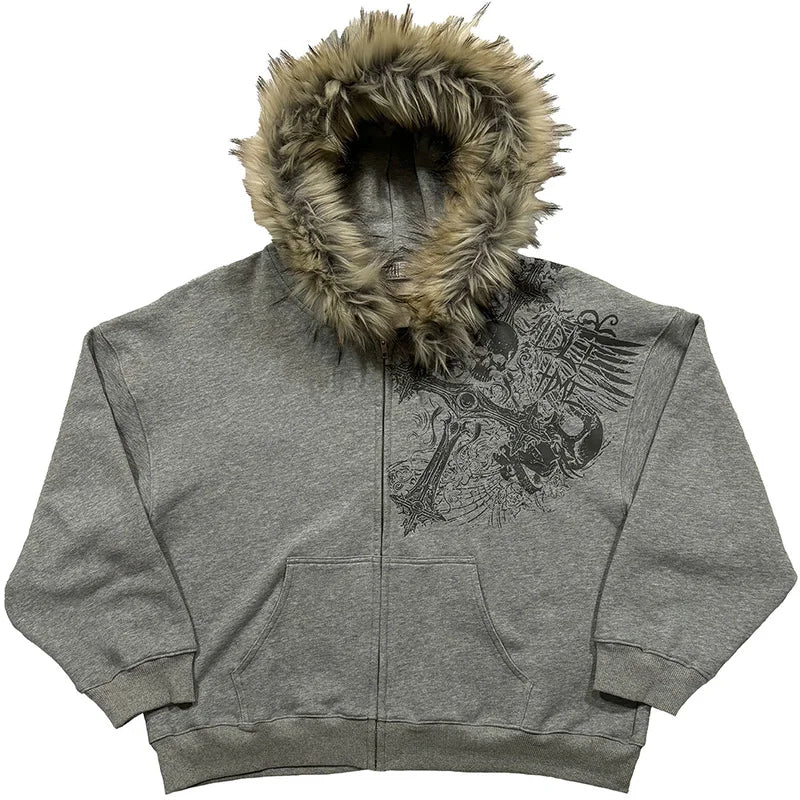 Women's Y2K Graphic Hoodie – Harajuku Faux Fur Collar Pullover in Black & Gray