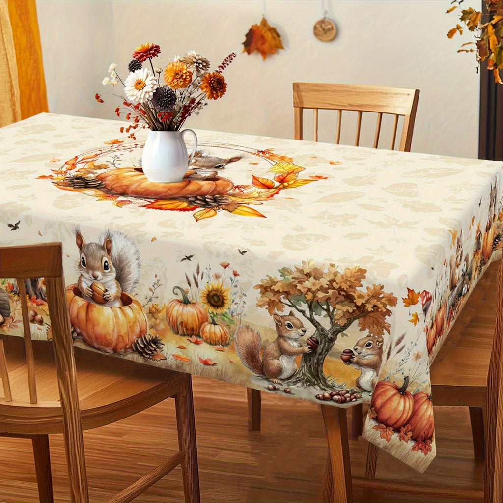 Autumn Harvest Farmhouse Tablecloth – Squirrel & Pumpkin Print