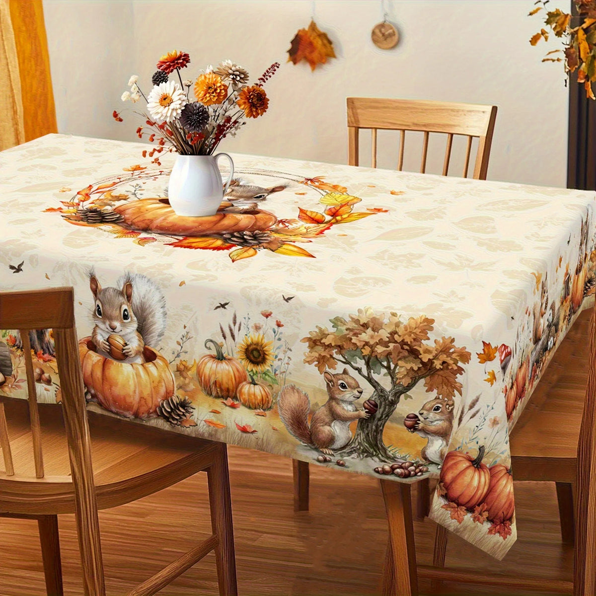 Autumn Harvest Farmhouse Tablecloth – Squirrel & Pumpkin Print