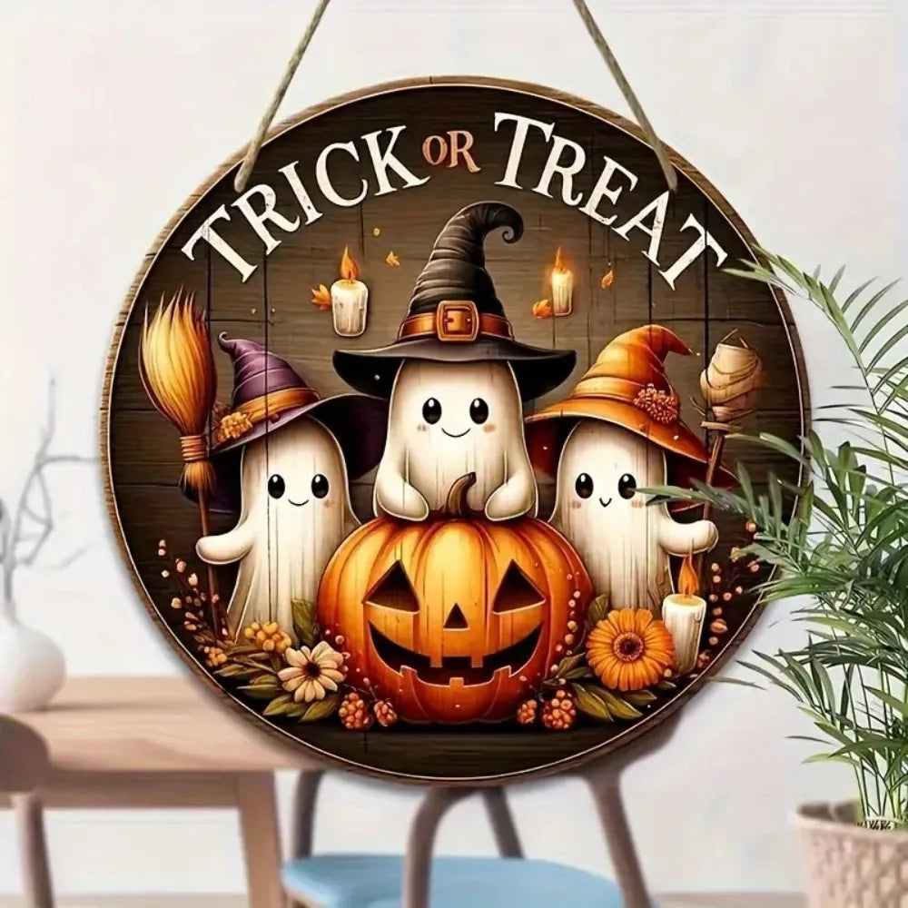 Halloween Round Wooden Signage — Ghost, Pumpkin & Witch Hat Decor